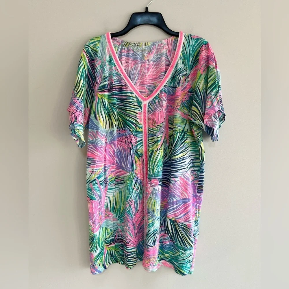Lilly Pulitzer Bonita V-Neck Short Sleeve Cotton Coverup Tropical Palm Print, L
